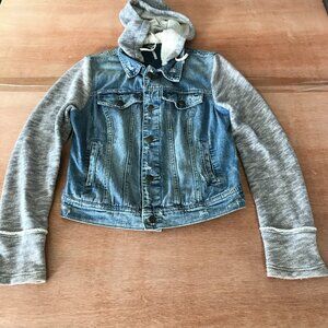 Free People Denim Jacket Women S Blue Hooded Distressed Button Up Long Sleeve
